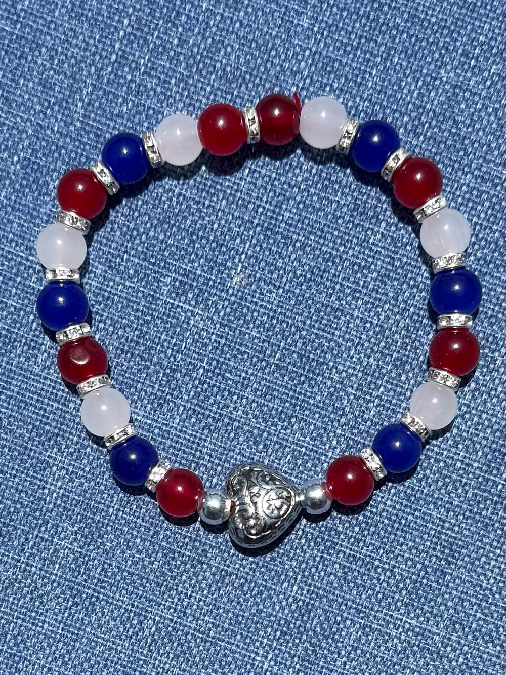 Women’s Red, Blue & White Beaded Heart Stretch Bracelet